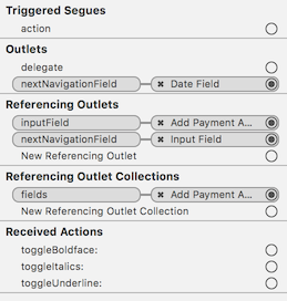 Screenshot of XCode storyboard pane with outlets for UIButton
