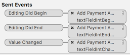 Screenshot of XCode storyboard pane with outlets for UITextField control events