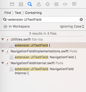 Screenshot of XCode search results pane with elements which are coming from searching for 'extension UITextField'