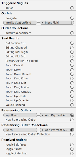 Screenshot of XCode storyboard pane with outlets for UITextField