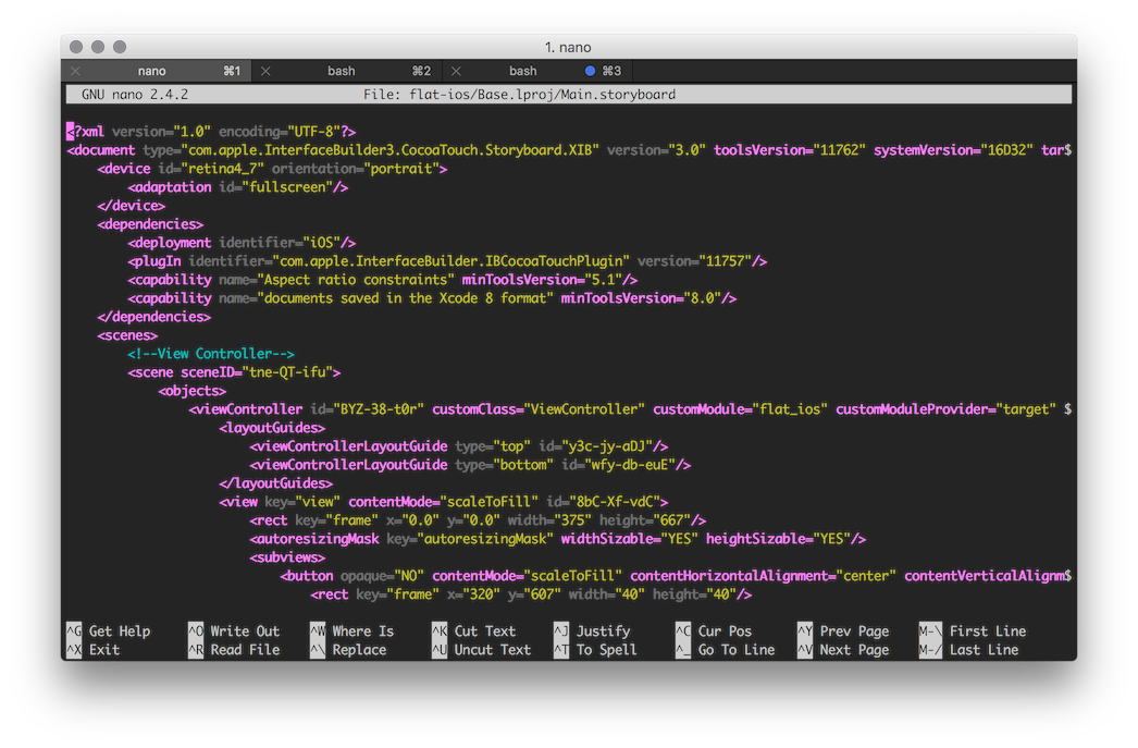 Screenshot of terminal with opened storybard file